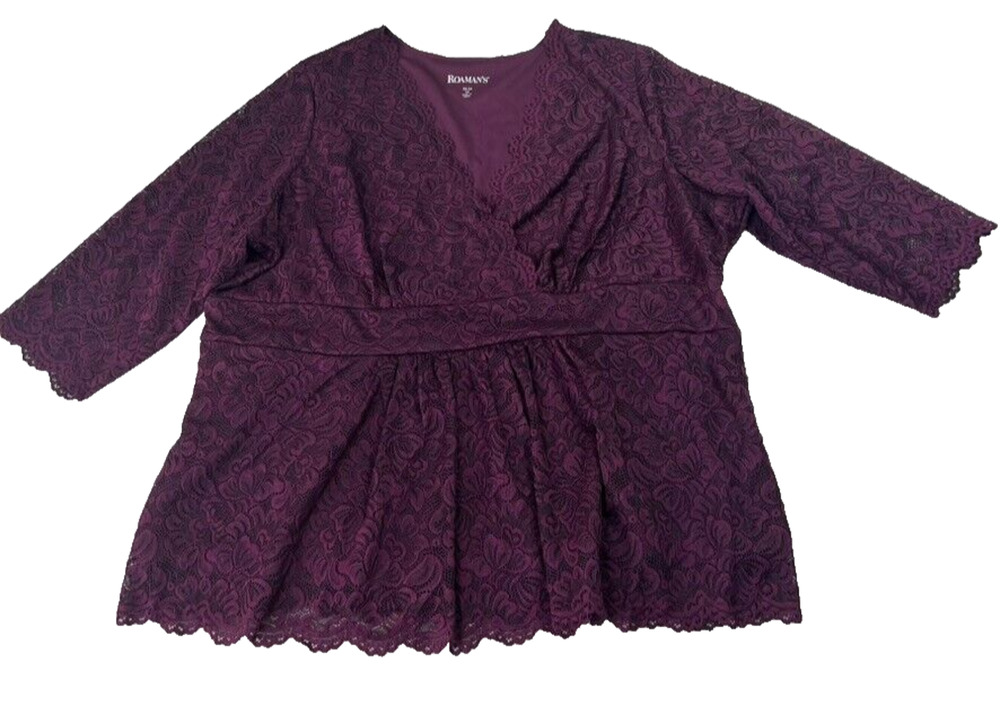 Roaman's Surplice Lace Top Womens Plus 1X 22/24 Dark Berry Side Zip Scallop Hem